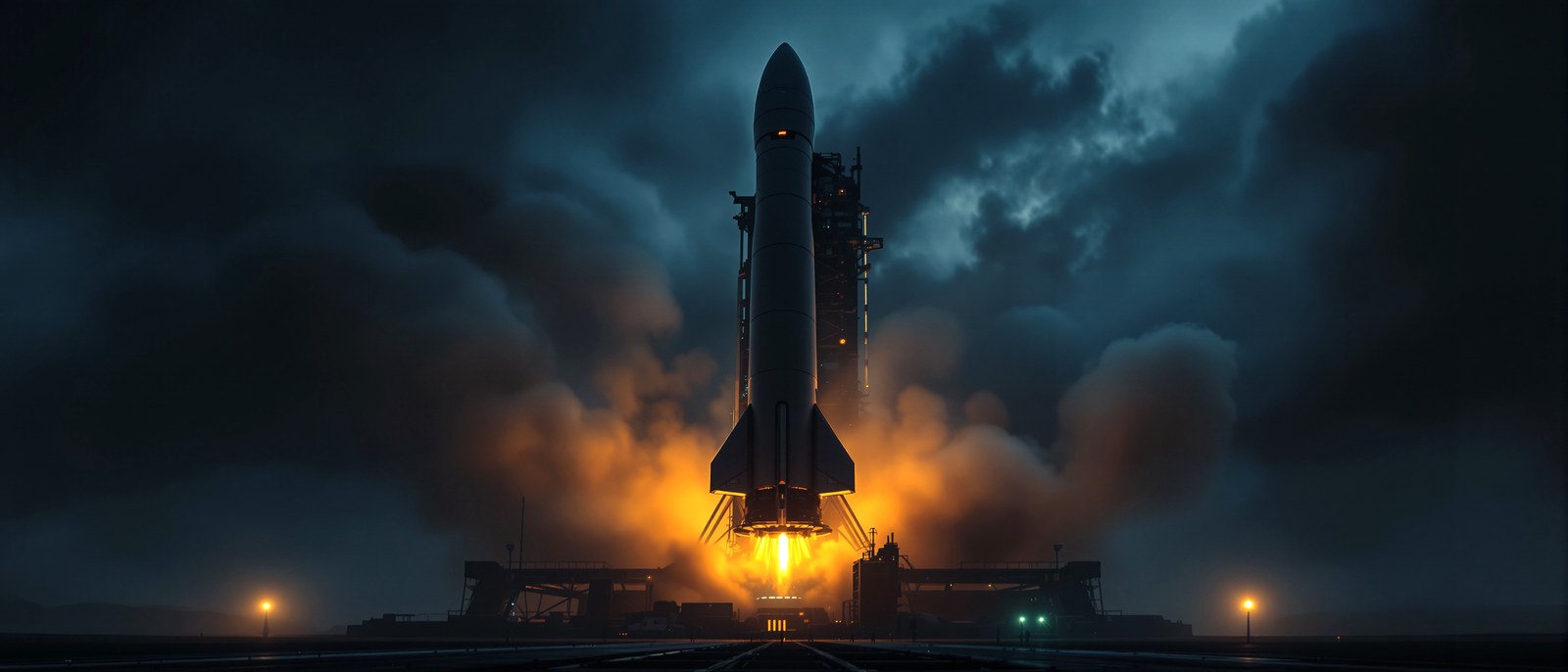 Black rocket on launchpad at night