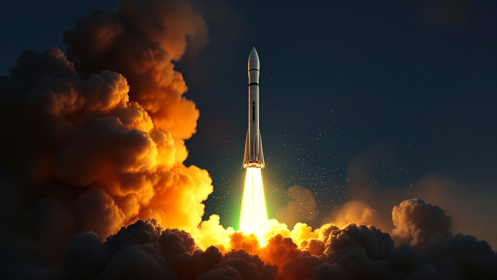Rocket lifting off through smoke